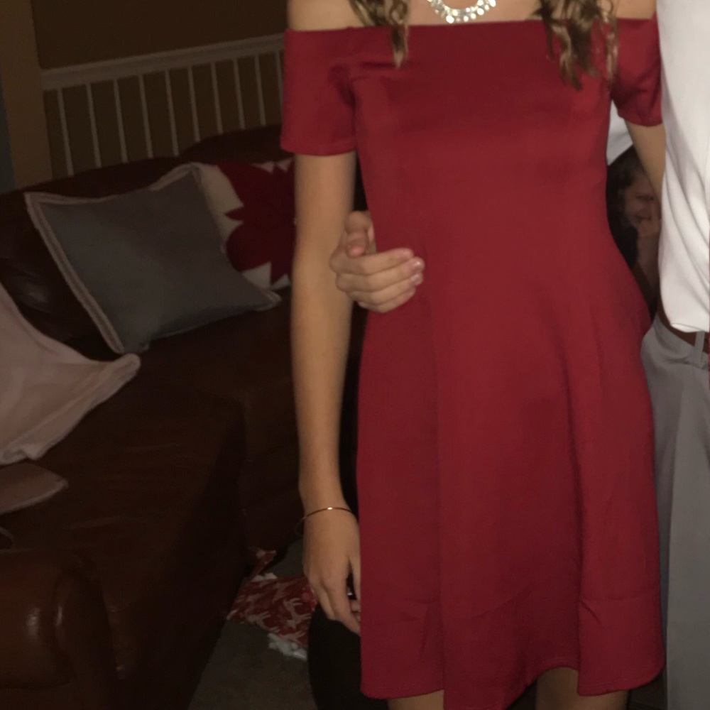 off the shoulder red dress